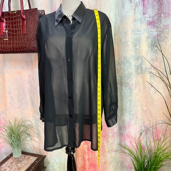 VTG📌 Chiffon Button Down Blouse with Satin Collar & Cuffs - Picture 8 of 16